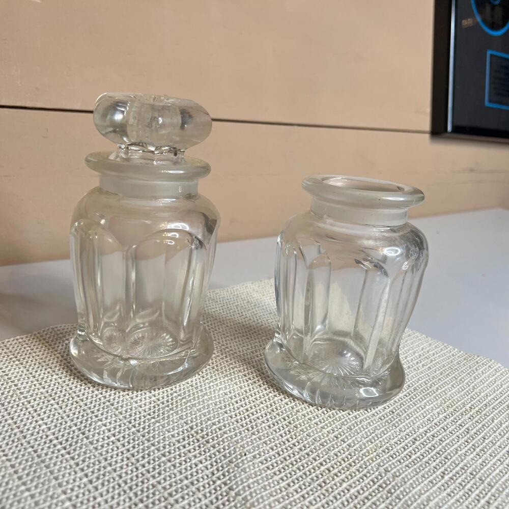 Antique Heavy Glass‎ Georgian Style Faceted Cut Storage Jar w/ Lid 5"